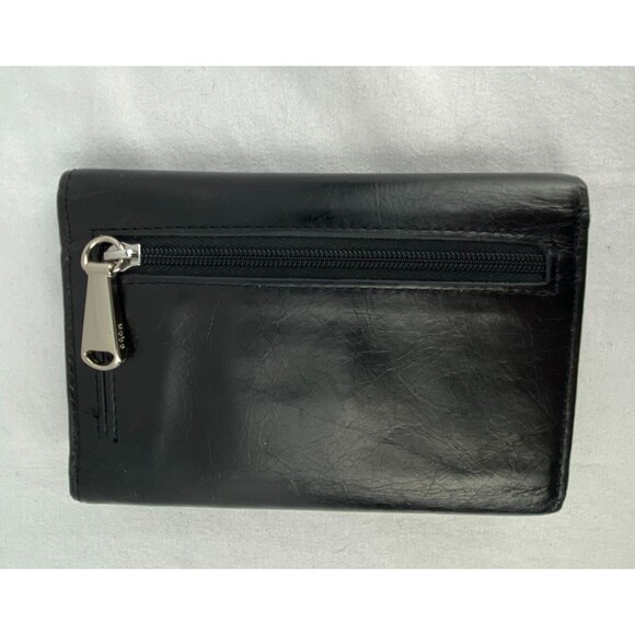 HOBO Jill Leather Wallet Black Trifold Crackled Snap Closure Autumn Leaves - Picture 4 of 11